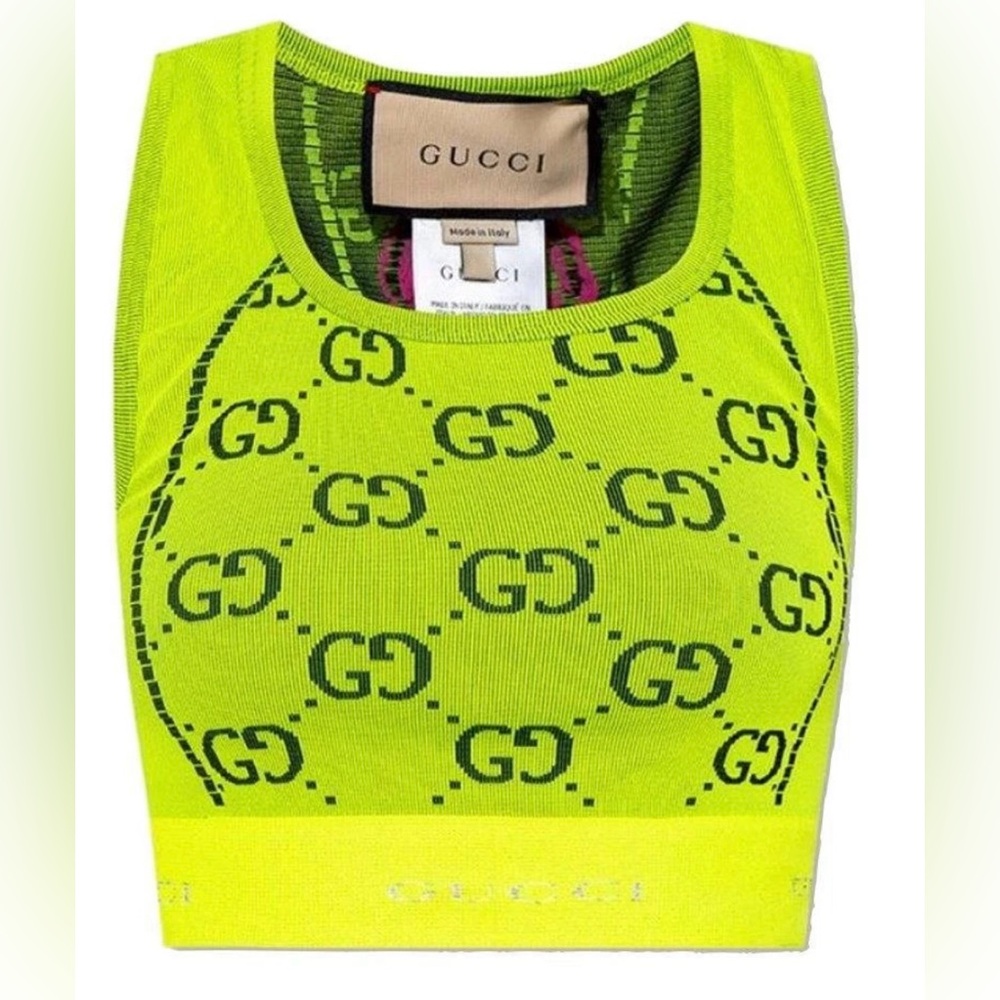 NEW GUCCI LOVE PARADE NEON GG EMBOSSED STRETCHY SPORTS LOGO CROP TOP MEDIUM